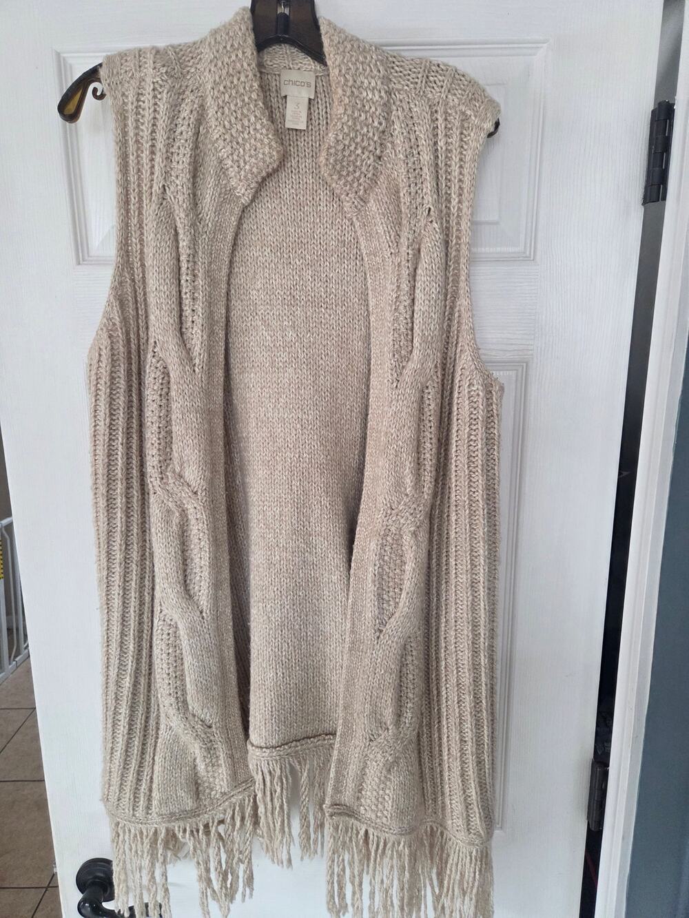 Chicos Cabel Knit long Sweater vest with fringe detail. Xl 3 EUC